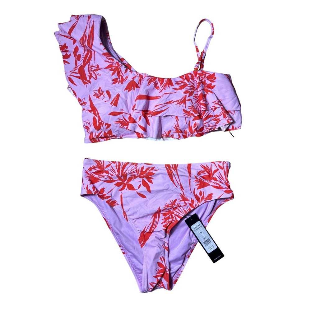 BCBGMAXAZRIA Isabella Ruffle One Shoulder Bikini Set pink red floral print Sz 8‎